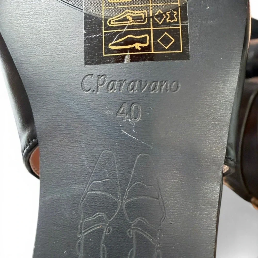 C.Paravano Slingback Flats Womens 40 Black Cap Toe Leather Square Toe Block Heel - Picture 6 of 8